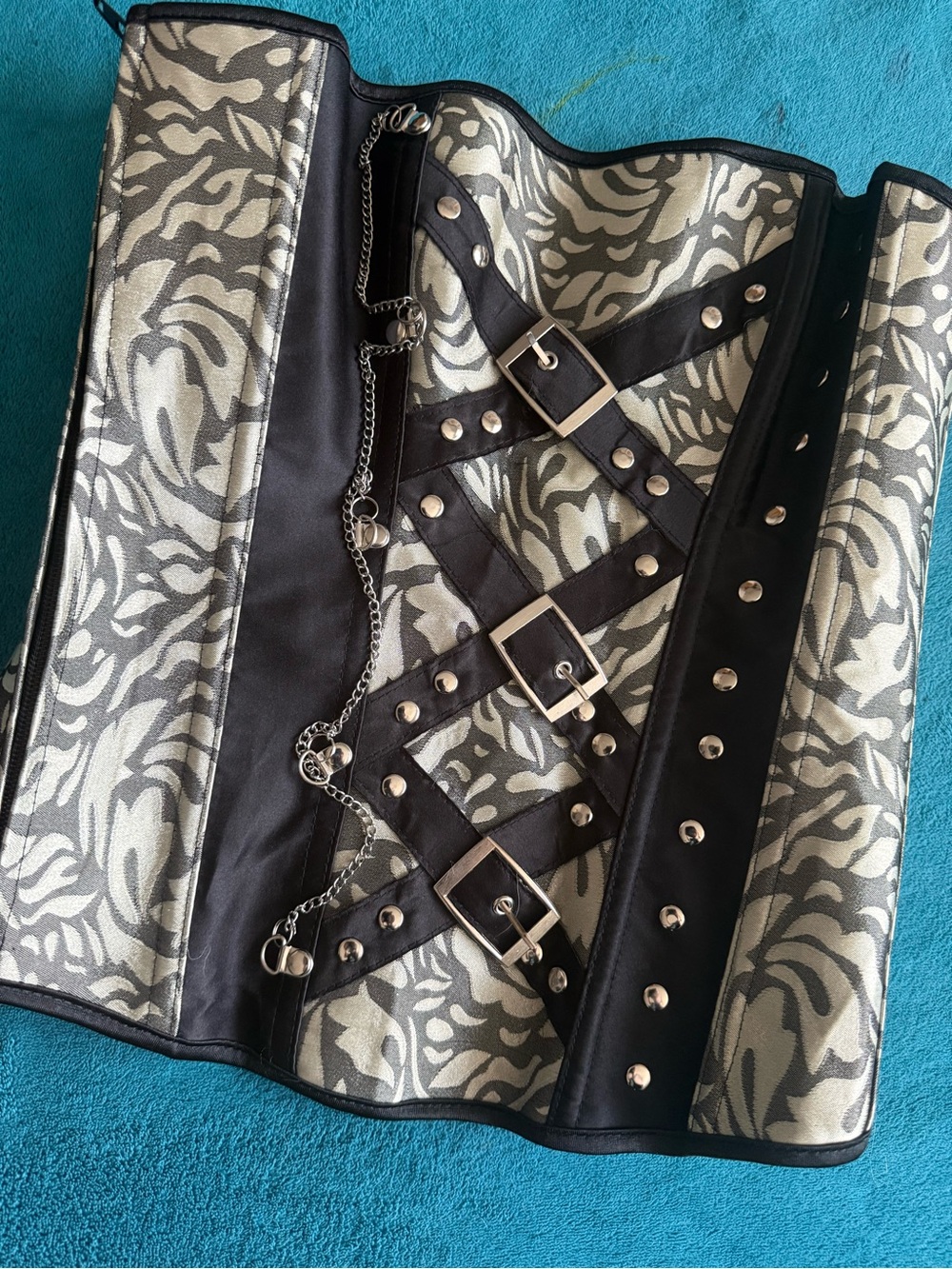 Black Silver Zipup corset damask paisley pattern